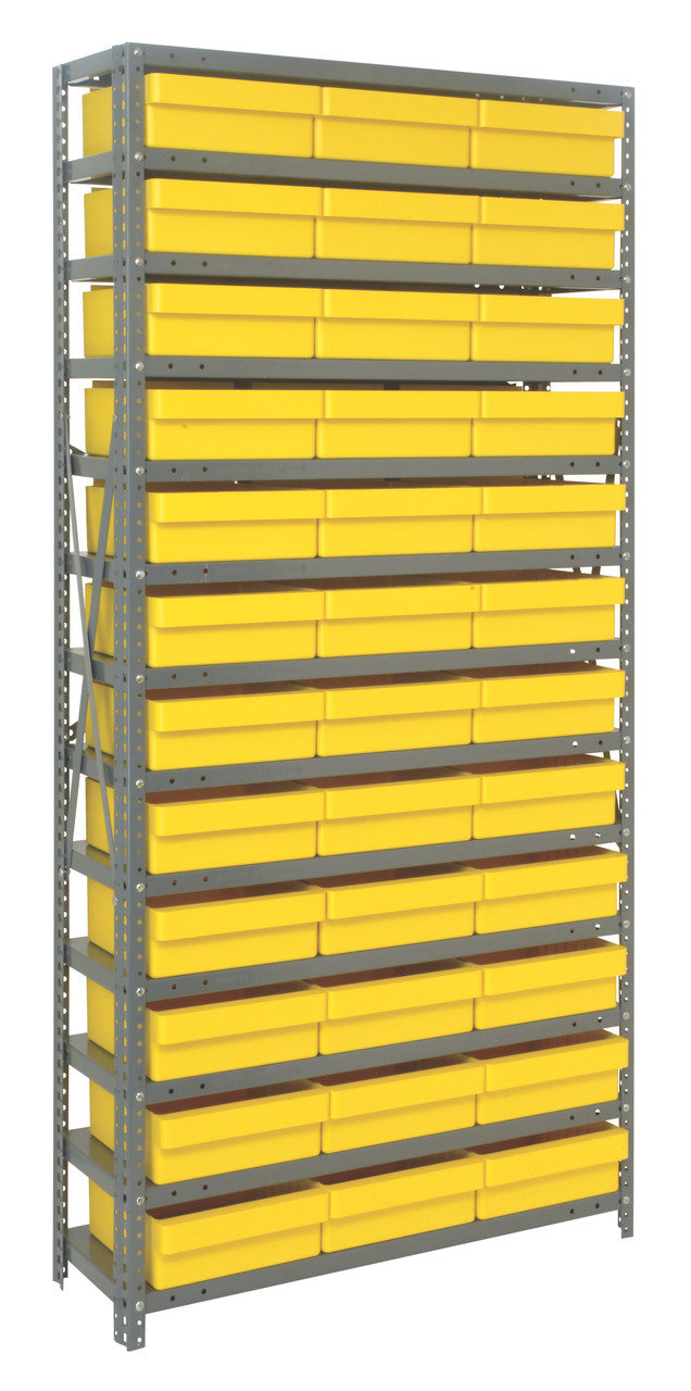 Shelving Unit, 12"D x 36"L x 75"H, heavy duty, 400 lb. load capacity per shelf, includes: (13) shelves, (36) 11-5/8"L x 11-1/8"W x 4-5/8"H (QED801) yellow black bins, uprights and cross bars, smooth powder-coat finish, 1275-801YL