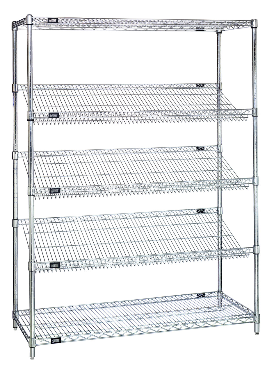 Slanted Shelving, stationary, 48"W x 18"D x 63"H, Chrome, 0, Carbon Steel, 1848SL6C