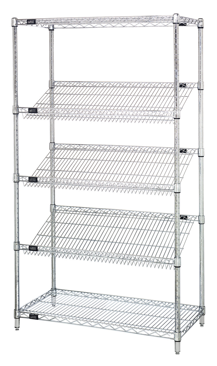 Slanted Shelving, stationary, 36"W x 24"D x 63"H, Chrome, 0, Carbon Steel, 2436SL6C