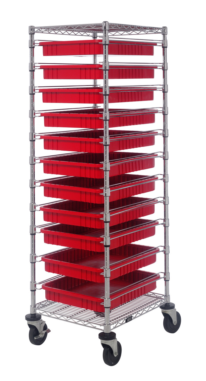 Bin Cart, mobile, 21"W x 24"L x 69"H, Chrome, Red, Carbon Steel, BC212469M2RD