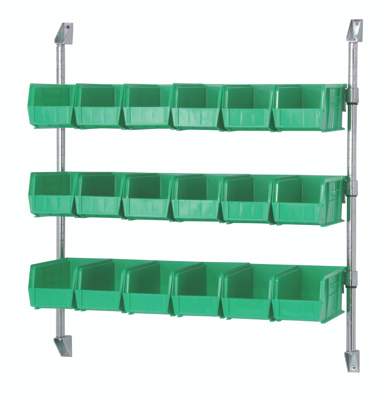 Cantilever Bin Holder Post Wall Mount, 24"W x 10-7/8"D x 34"H, includes: (3) bin rails, Chrome, Green, Carbon Steel, CAN-34-24BH-230GN