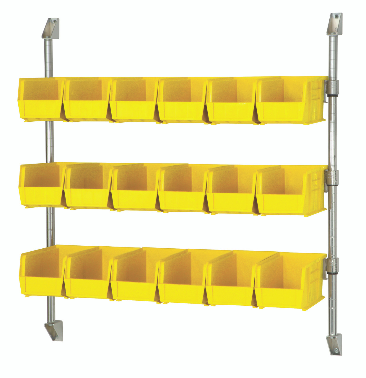 Cantilever Bin Holder Post Wall Mount, 30"W x 10-7/8"D x 34"H, includes: (3) bin rails, Chrome, Yellow, Carbon Steel, CAN-34-30BH-230YL