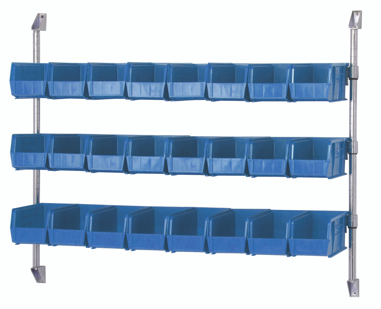 Cantilever Bin Holder Post Wall Mount, 48"W x 10-7/8"D x 34"H, includes: (3) bin rails, Chrome, Blue, Carbon Steel, CAN-34-48BH-230BL