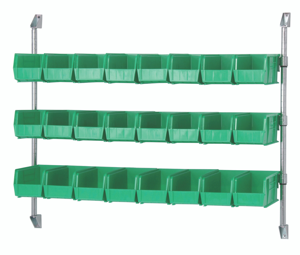 Cantilever Bin Holder Post Wall Mount, 48"W x 10-7/8"D x 34"H, includes: (3) bin rails, Chrome, Green, Carbon Steel, CAN-34-48BH-230GN