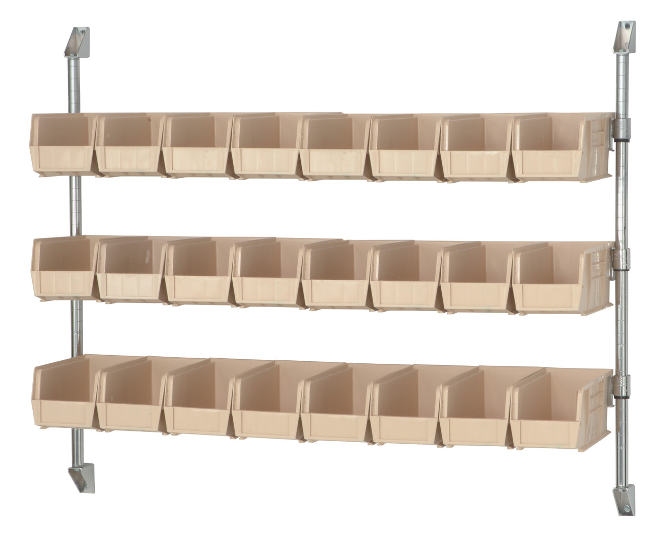 Cantilever Bin Holder Post Wall Mount, 48"W x 10-7/8"D x 34"H, includes: (3) bin rails, Chrome, Ivory, Carbon Steel, CAN-34-48BH-230IV
