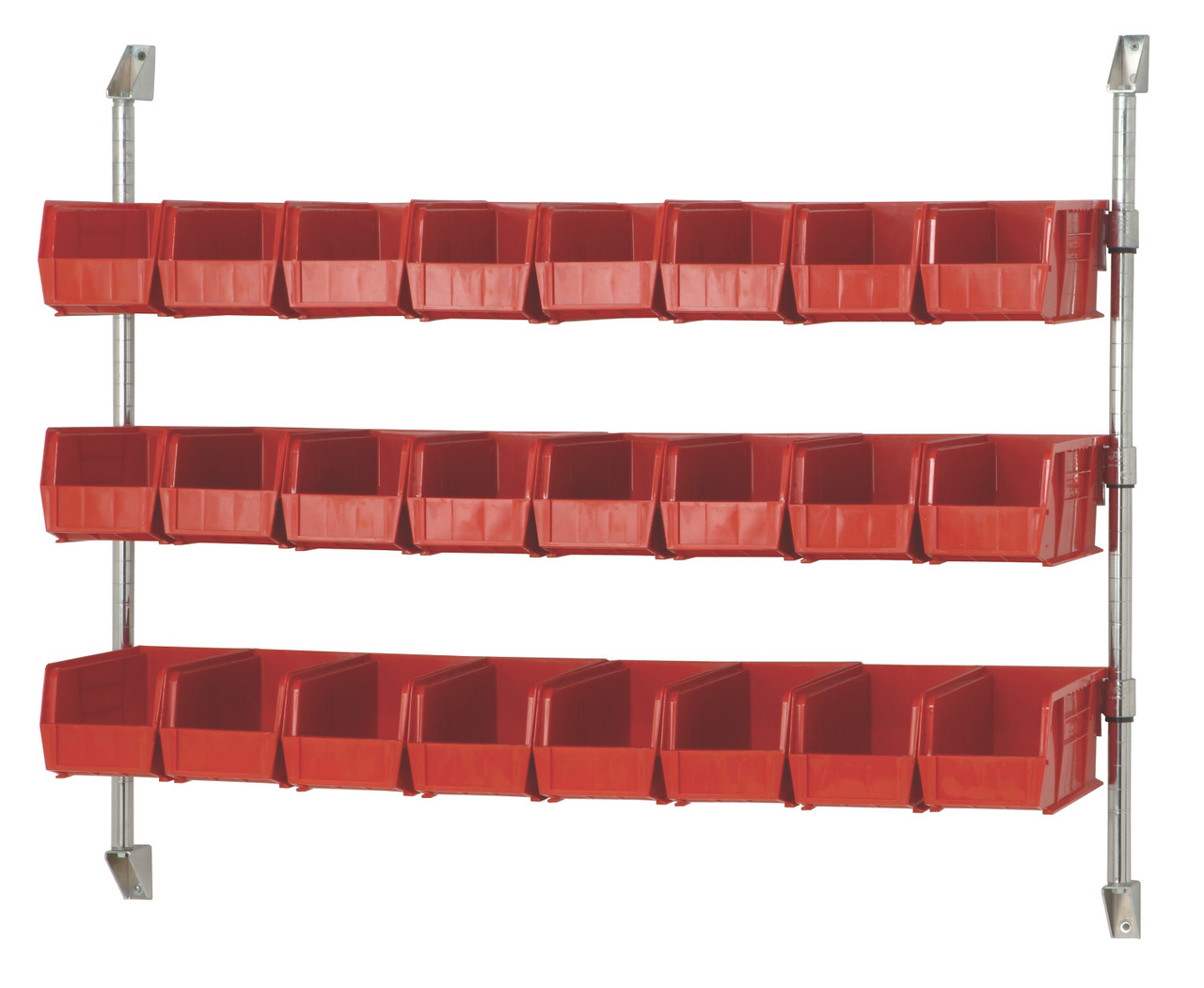 Cantilever Bin Holder Post Wall Mount, 48"W x 10-7/8"D x 34"H, includes: (3) bin rails, Chrome, Red, Carbon Steel, CAN-34-48BH-230RD