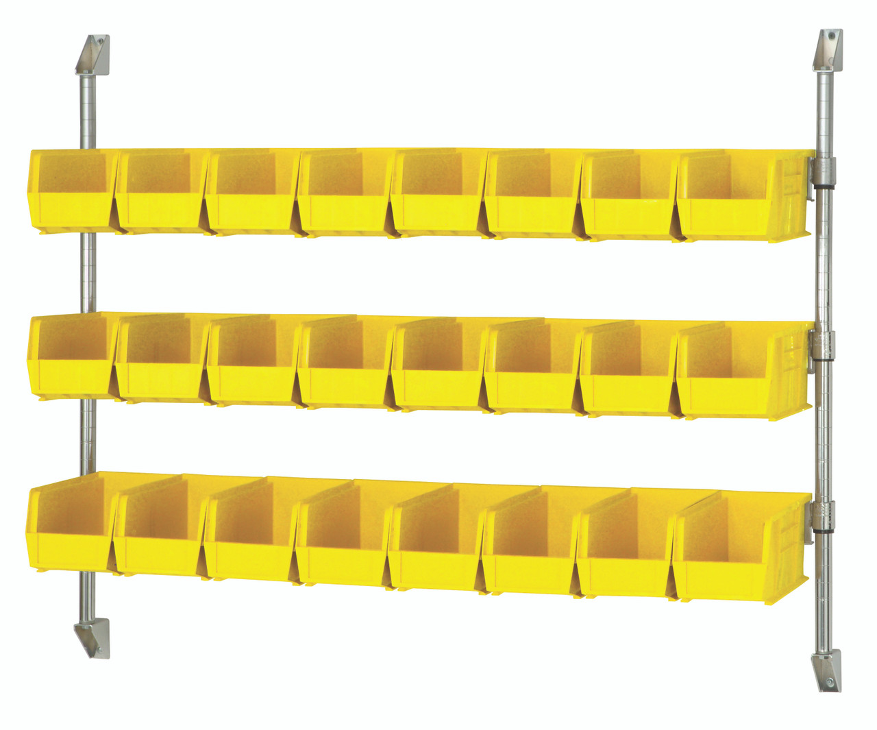 Cantilever Bin Holder Post Wall Mount, 48"W x 10-7/8"D x 34"H, includes: (3) bin rails, Chrome, Yellow, Carbon Steel, CAN-34-48BH-230YL