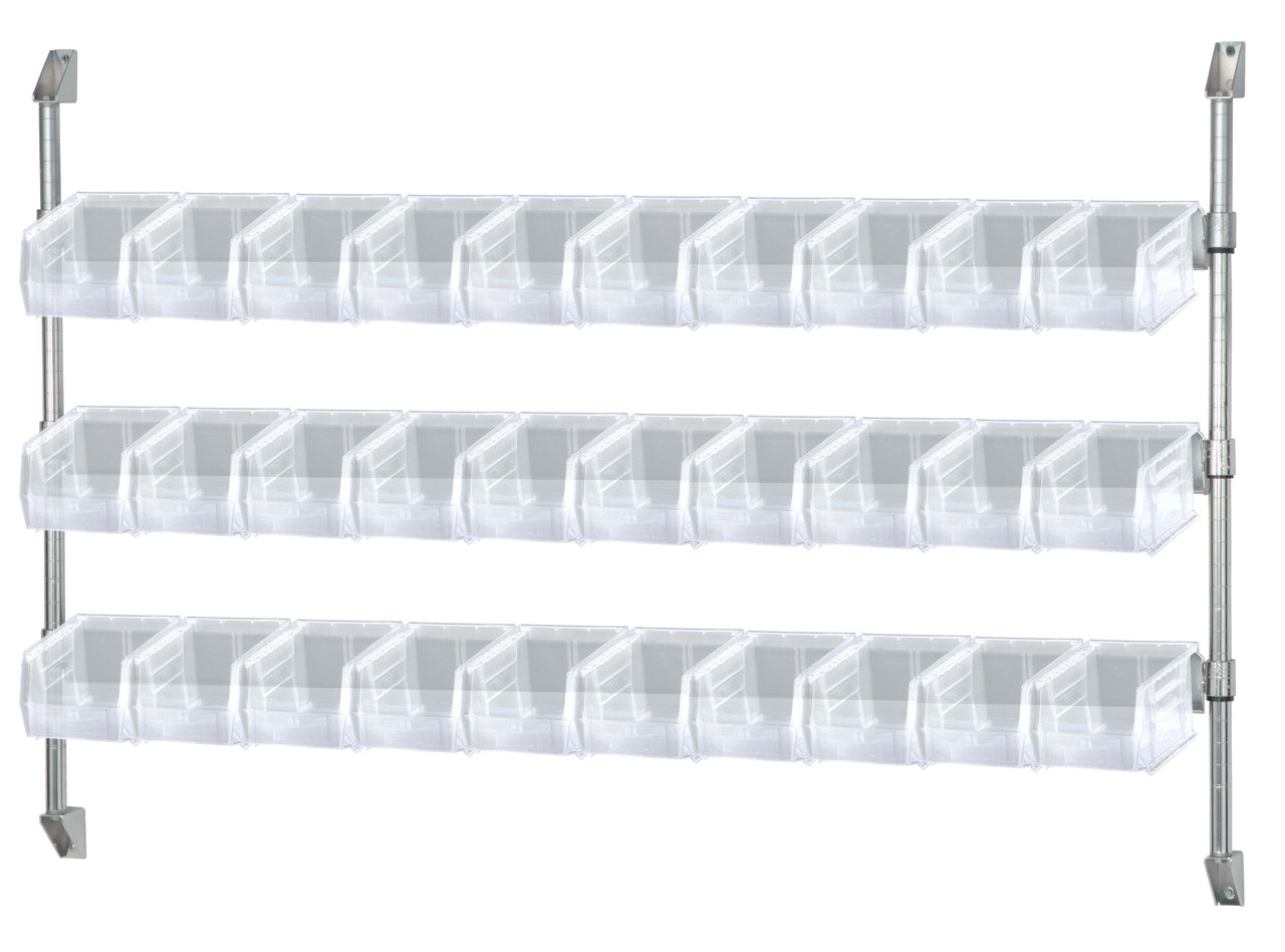 Cantilever Bin Holder Post Wall Mount, 60"W x 10-7/8"D x 34"H, includes: (3) bin rails, Chrome, Clear, Carbon Steel, CAN-34-60BH-230CL