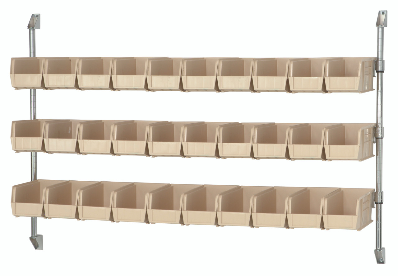 Cantilever Bin Holder Post Wall Mount, 60"W x 10-7/8"D x 34"H, includes: (3) bin rails, Chrome, Ivory, Carbon Steel, CAN-34-60BH-230IV