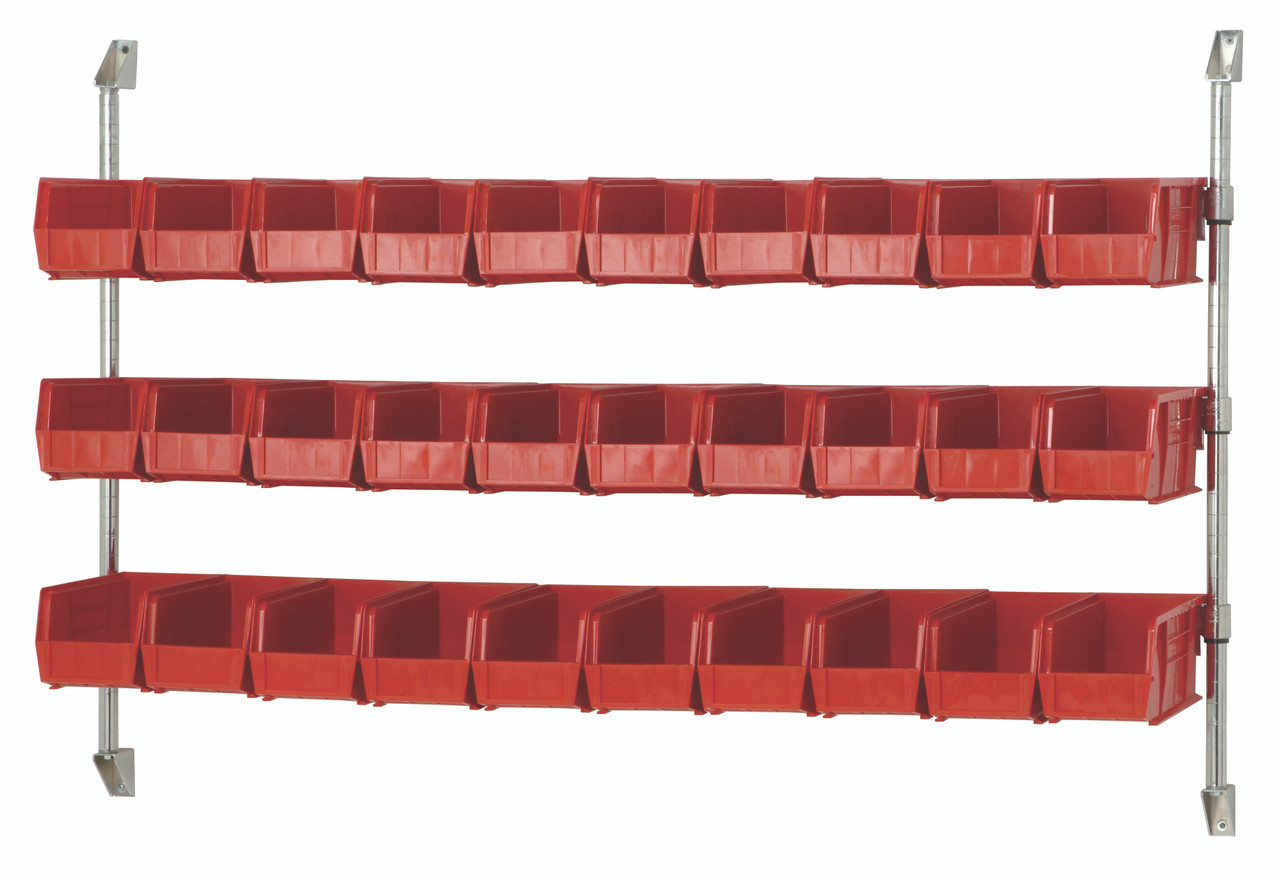 Cantilever Bin Holder Post Wall Mount, 60"W x 10-7/8"D x 34"H, includes: (3) bin rails, Chrome, Red, Carbon Steel, CAN-34-60BH-230RD