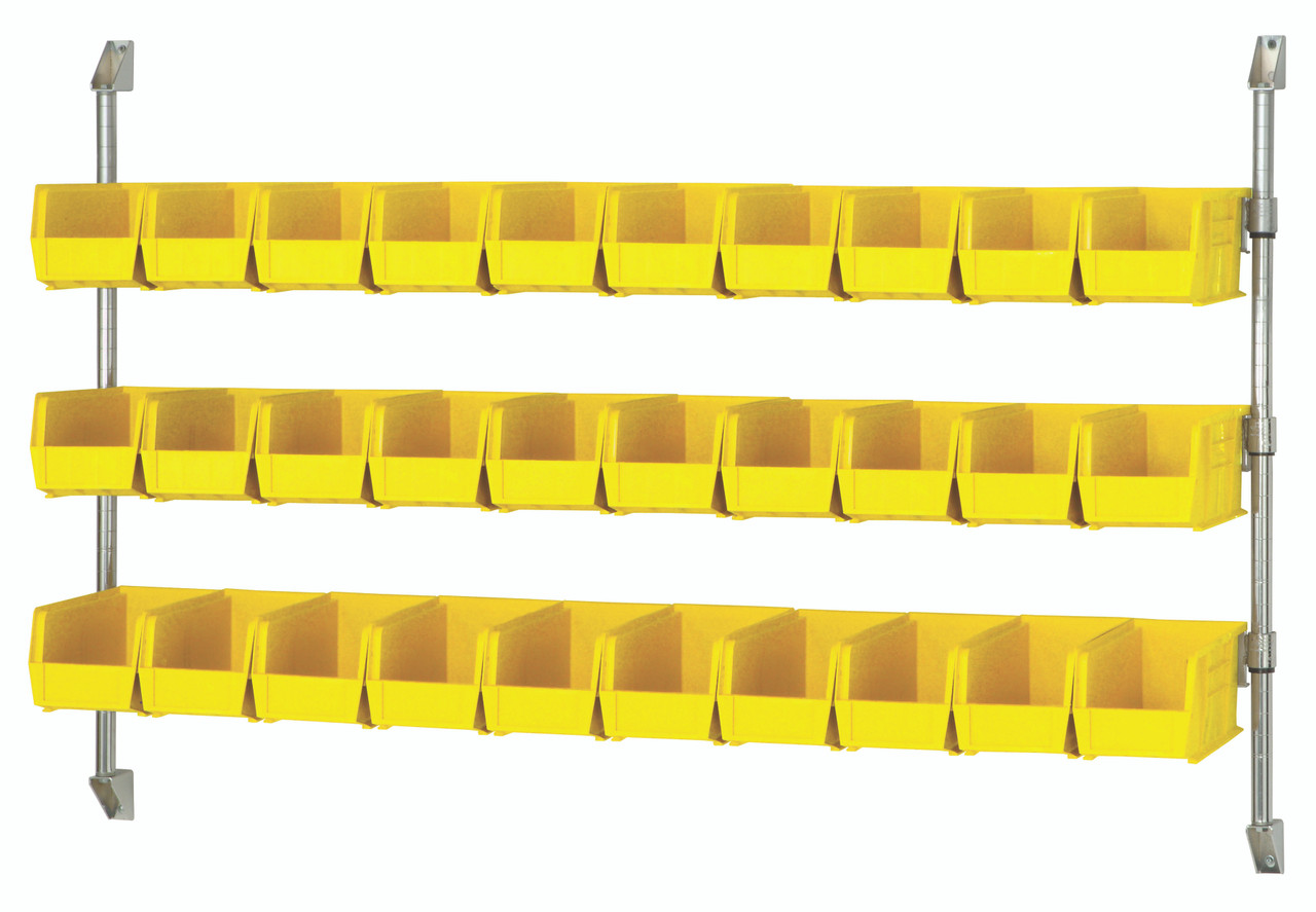 Cantilever Bin Holder Post Wall Mount, 60"W x 10-7/8"D x 34"H, includes: (3) bin rails, Chrome, Yellow, Carbon Steel, CAN-34-60BH-230YL