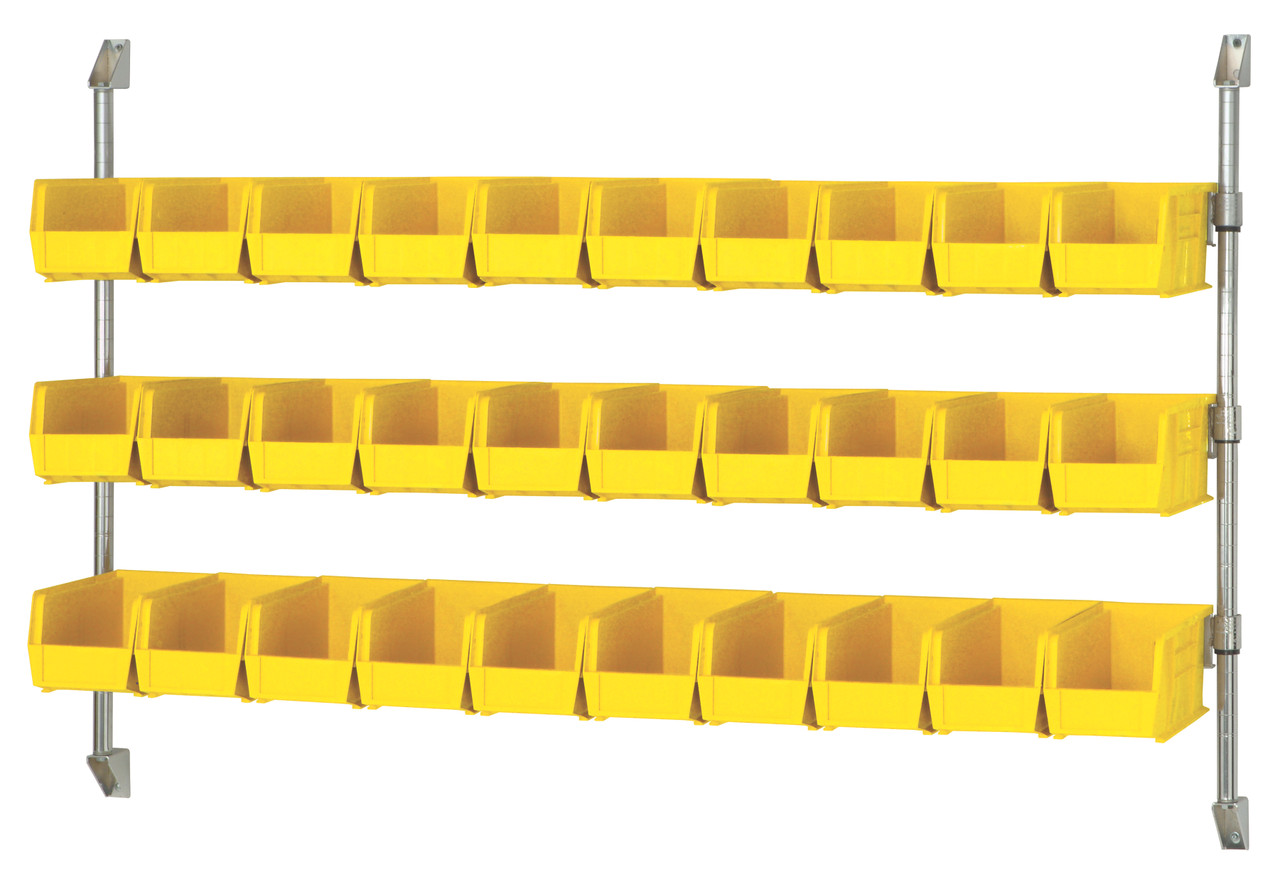 Cantilever Bin Holder Post Wall Mount, 60"W x 10-7/8"D x 34"H, includes: (3) bin rails, Chrome, Yellow, Carbon Steel, CAN-34-60BH-230YL