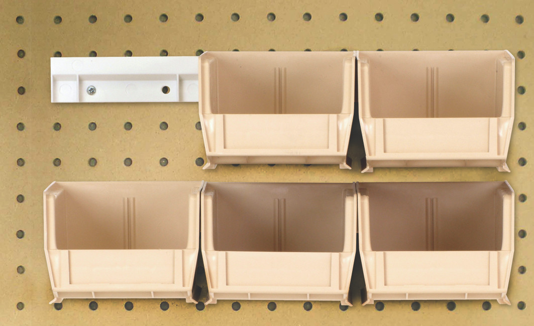 Hang-n-Stack Bin, complete package, includes: (6) 7-3/8"L x 4-1/8"W x 3"H (QUS220) ivory bin and (2) bin rails, Ivory, 0, Polypropylene, HNS220IV
