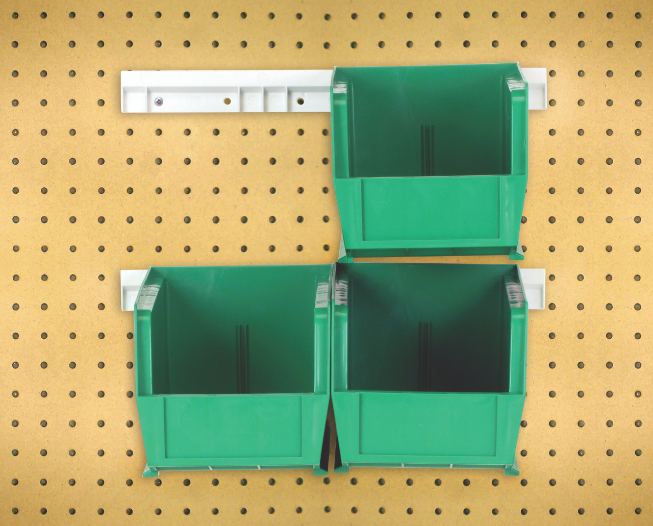 Hang-n-Stack Bin, complete package, includes: (4) 10-7/8"L x 5-1/2"W x 5"H (QUS230) green bin and (2) bin rails, Green, 0, Polypropylene, HNS230GN