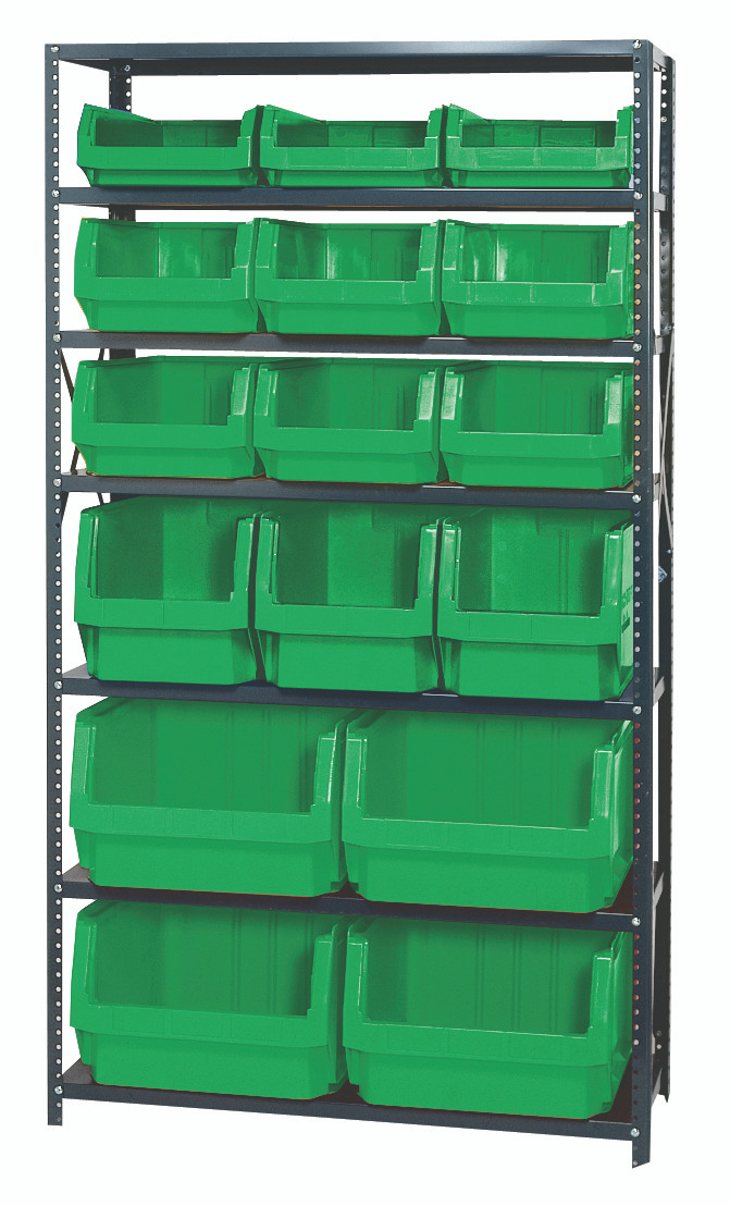 Magnum Bin Steel Shelving, 42"W x 18"D x 75"H, includes: (7) shelves, Gray, Green, Carbon Steel, MSU-16-MIXGN