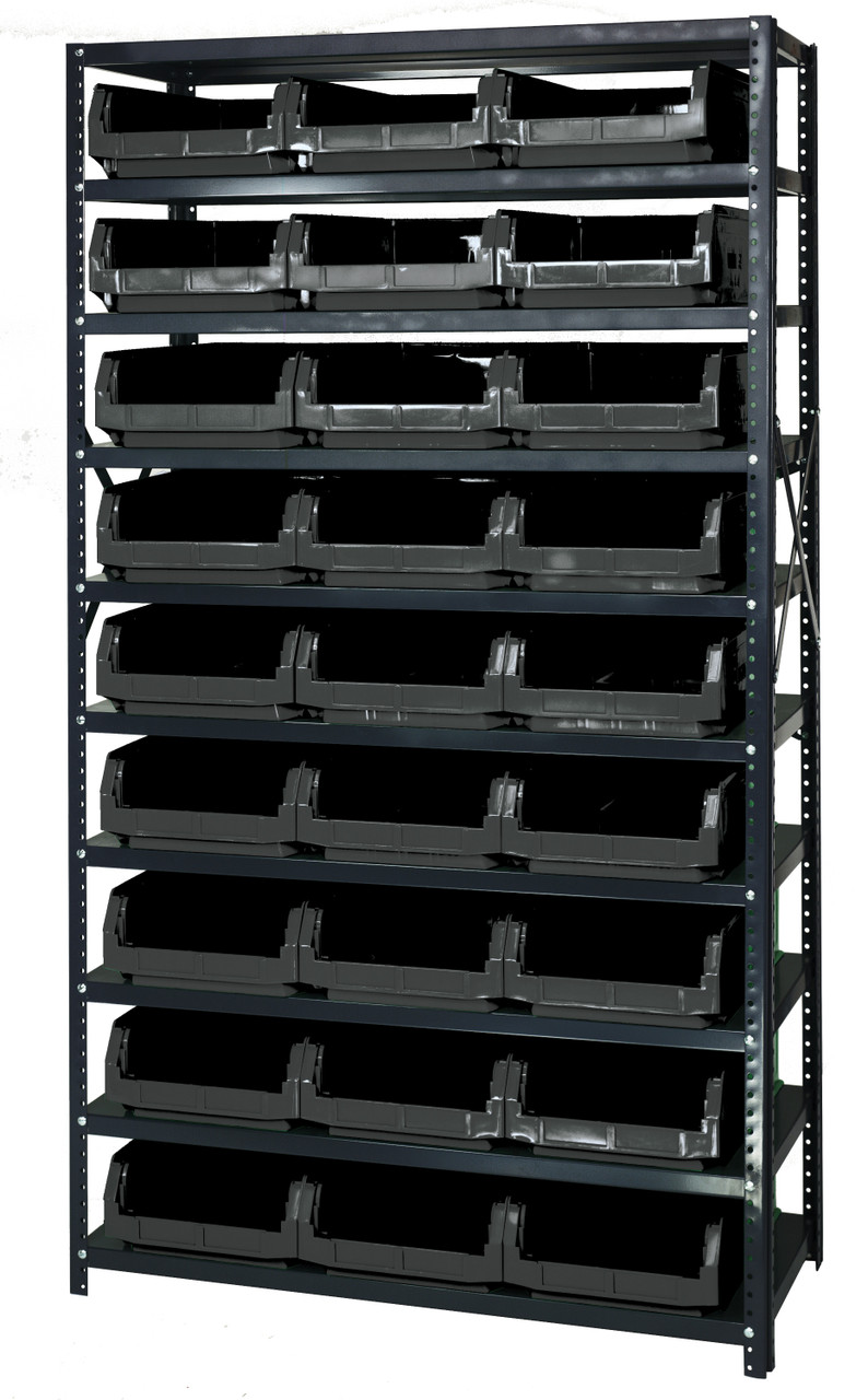 Magnum Bin Steel Shelving, 42"W x 18"D x 75"H, includes: (10) shelves and (27) 19-3/4"L x 12-3/8"W x 5-7/8"H (QMS531) black bins, Gray, Black, Carbon Steel, MSU-531BK