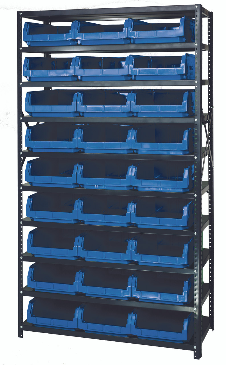 Magnum Bin Steel Shelving, 42"W x 18"D x 75"H, includes: (10) shelves and (27) 19-3/4"L x 12-3/8"W x 5-7/8"H (QMS531) blue bins, Gray, Blue, Carbon Steel, MSU-531BL