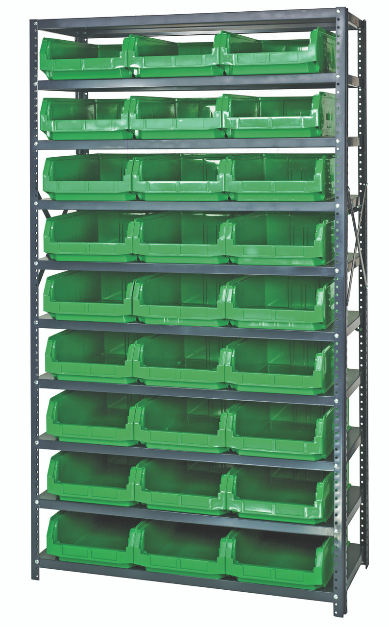 Magnum Bin Steel Shelving, 42"W x 18"D x 75"H, includes: (10) shelves and (27) 19-3/4"L x 12-3/8"W x 5-7/8"H (QMS531) green bins, Gray, Green, Carbon Steel, MSU-531GN
