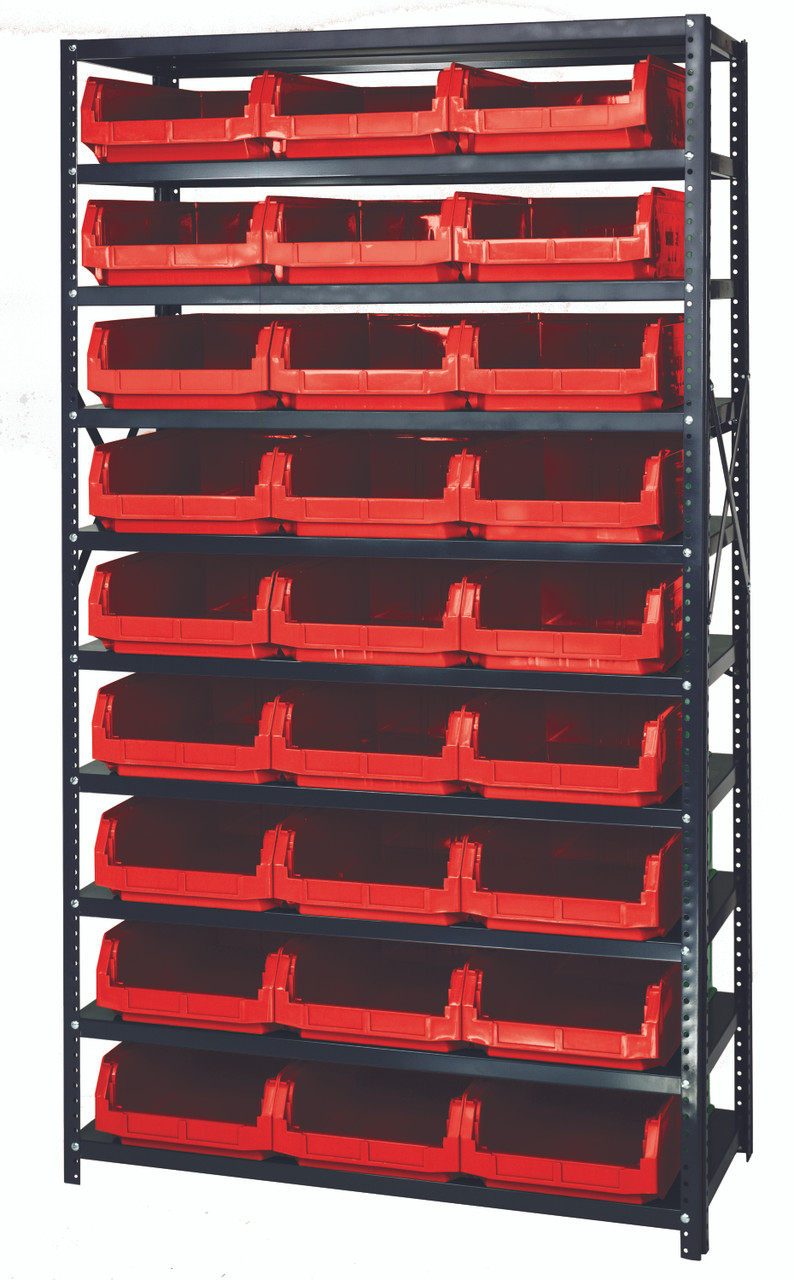 Magnum Bin Steel Shelving, 42"W x 18"D x 75"H, includes: (10) shelves and (27) 19-3/4"L x 12-3/8"W x 5-7/8"H (QMS531) red bins, Gray, Red, Carbon Steel, MSU-531RD
