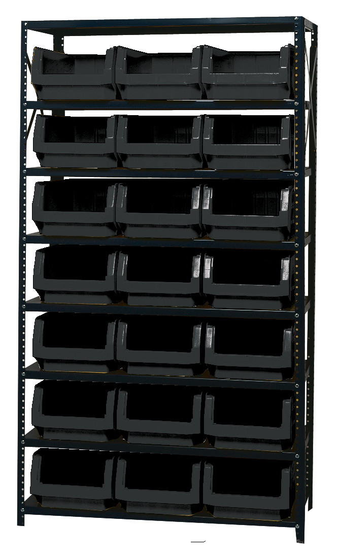 Magnum Bin Steel Shelving, 42"W x 18"D x 75"H, includes: (8) shelves and (21) 19-3/4"L x 12-3/8"W x 7-7/8"H (QMS532) black bins, Gray, Black, Carbon Steel, MSU-532BK