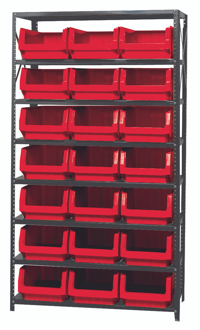 Magnum Bin Steel Shelving, 42"W x 18"D x 75"H, includes: (8) shelves and (21) 19-3/4"L x 12-3/8"W x 7-7/8"H (QMS532) red bins, Gray, Red, Carbon Steel, MSU-532RD