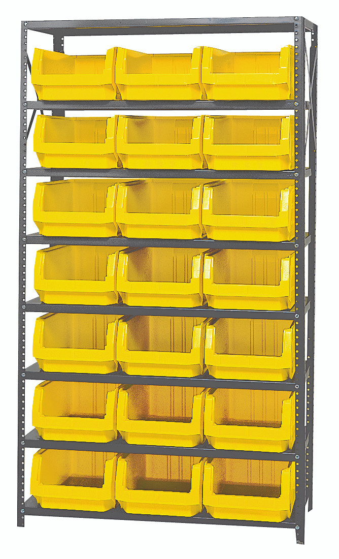 Magnum Bin Steel Shelving, 42"W x 18"D x 75"H, includes: (8) shelves and (21) 19-3/4"L x 12-3/8"W x 7-7/8"H (QMS532) yellow bins, Gray, Yellow, Carbon Steel, MSU-532YL