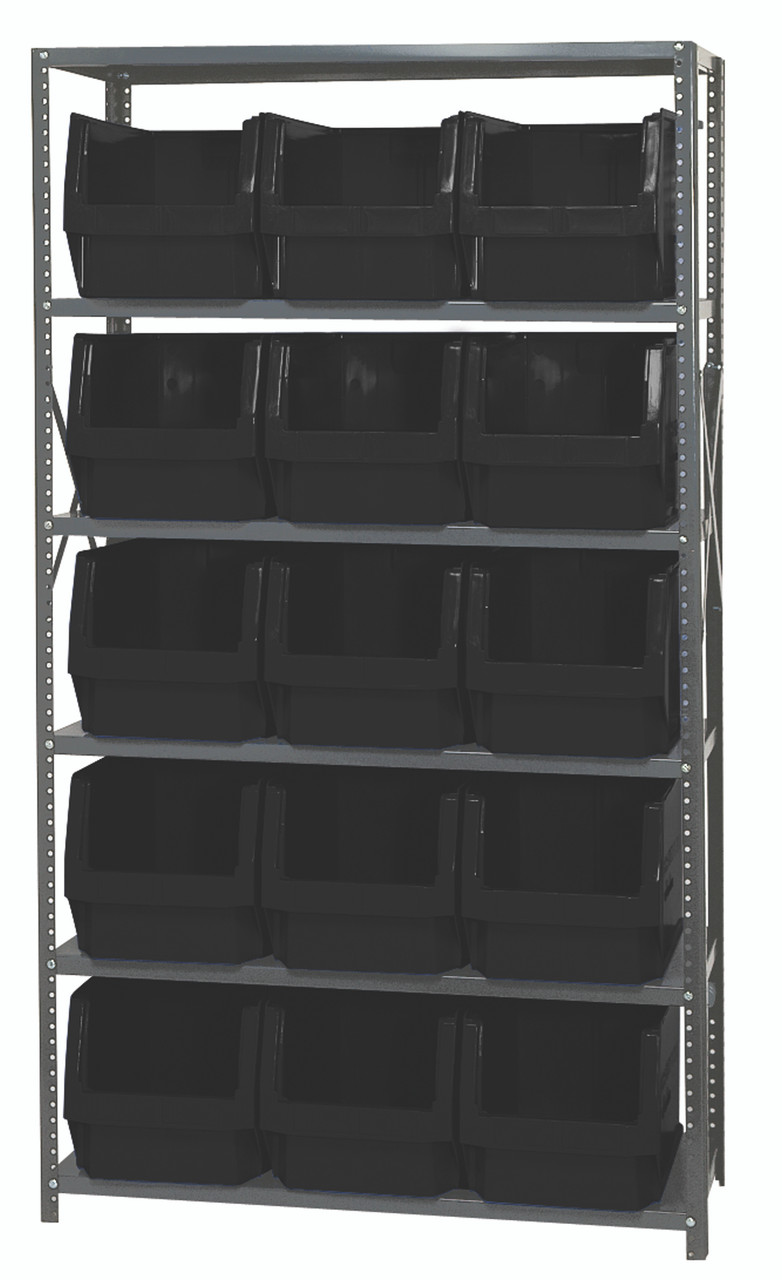 Magnum Bin Steel Shelving, 42"W x 18"D x 75"H, includes: (6) shelves and (15) 19-3/4"L x 12-3/8"W x 11-7/8"H (QMS533) black bins, Gray, Black, Carbon Steel, MSU-533BK