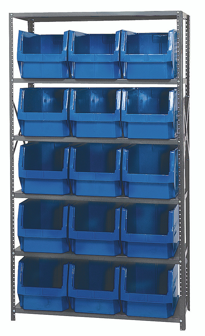 Magnum Bin Steel Shelving, 42"W x 18"D x 75"H, includes: (6) shelves and (15) 19-3/4"L x 12-3/8"W x 11-7/8"H (QMS533) blue bins, Gray, Blue, Carbon Steel, MSU-533BL
