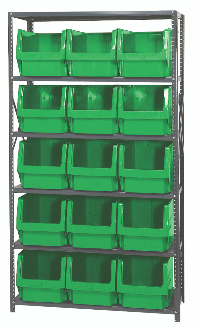 Magnum Bin Steel Shelving, 42"W x 18"D x 75"H, includes: (6) shelves and (15) 19-3/4"L x 12-3/8"W x 11-7/8"H (QMS533) green bins, Gray, Green, Carbon Steel, MSU-533GN