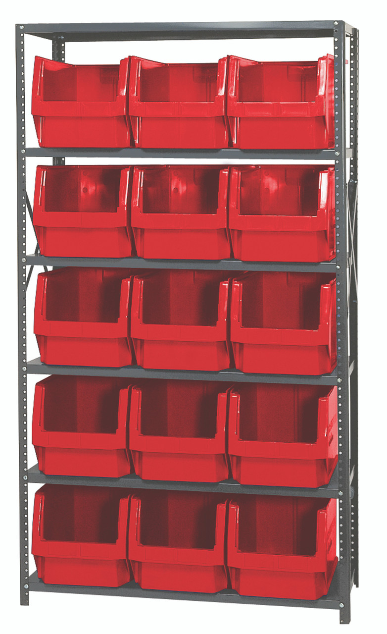 Magnum Bin Steel Shelving, 42"W x 18"D x 75"H, includes: (6) shelves and (15) 19-3/4"L x 12-3/8"W x 11-7/8"H (QMS533) red bins, Gray, Red, Carbon Steel, MSU-533RD