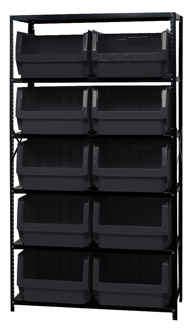 Magnum Bin Steel Shelving, 42"W x 18"D x 75"H, includes: (6) shelves and (10) 19-3/4"L x 18-3/8"W x 11-7/8"H (QMS543) black bins, Gray, Black, Carbon Steel, MSU-543BK