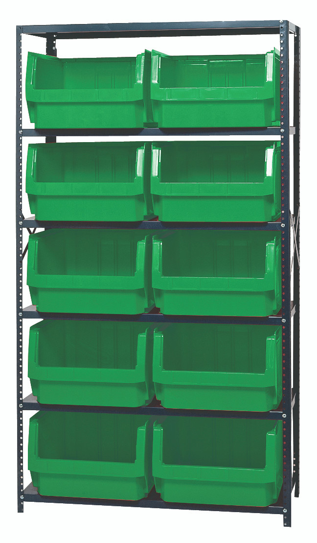 Magnum Bin Steel Shelving, 42"W x 18"D x 75"H, includes: (6) shelves and (10) 19-3/4"L x 18-3/8"W x 11-7/8"H (QMS543) green bins, Gray, Green, Carbon Steel, MSU-543GN