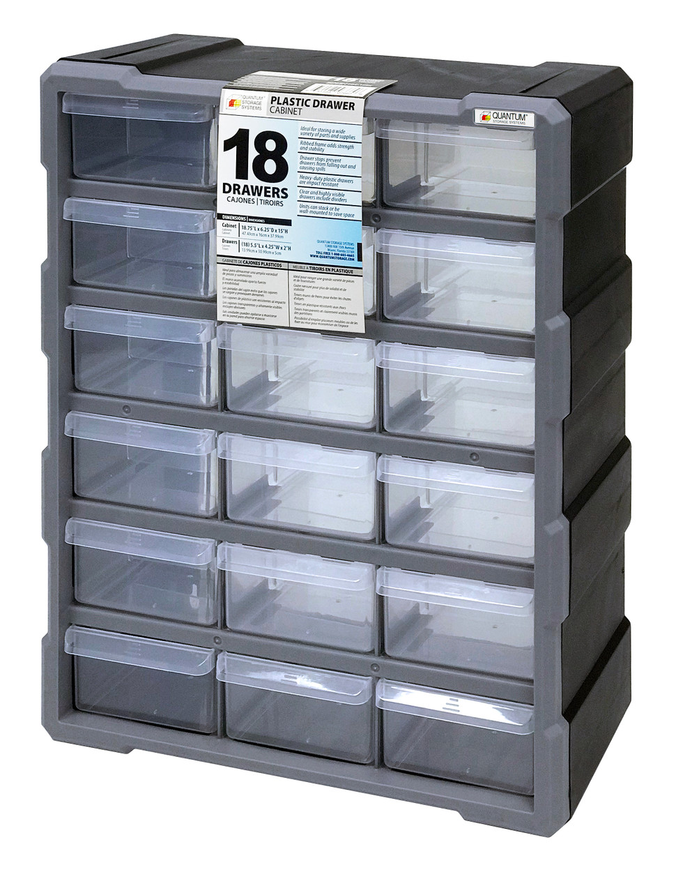 Plastic Drawer Cabinet, 6-1/4"L x 15"W x 10-1/4"H, includes (18) 5-1/2"L x 4-1/4"W x 2"H, Black/Gray, Black/Gray, Polypropylene, PDC-18BK