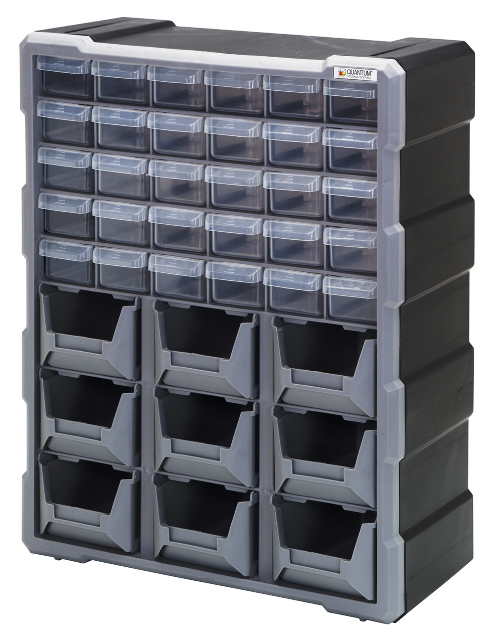 Plastic Drawer Cabinet, 6-1/4"L x 15"W x 18-3/4"H, includes (30) 5-1/2"L x 2"W x 1-1/4"W and (9) 5-1/2"L x 4-1/4"W x 2-3/4"H bins, Black/Gray, Black/Gray, Polypropylene, PDC-930BK