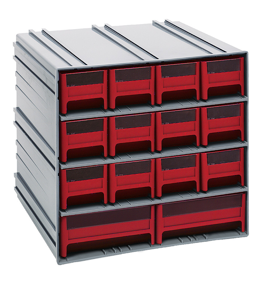 Interlocking Storage Cabinets, 11-3/8"D x 11-3/4"W x 11"H, includes: (12) IDR201 and (2) IDR203, Gray, Red, Polysteryne, QIC-12123RD