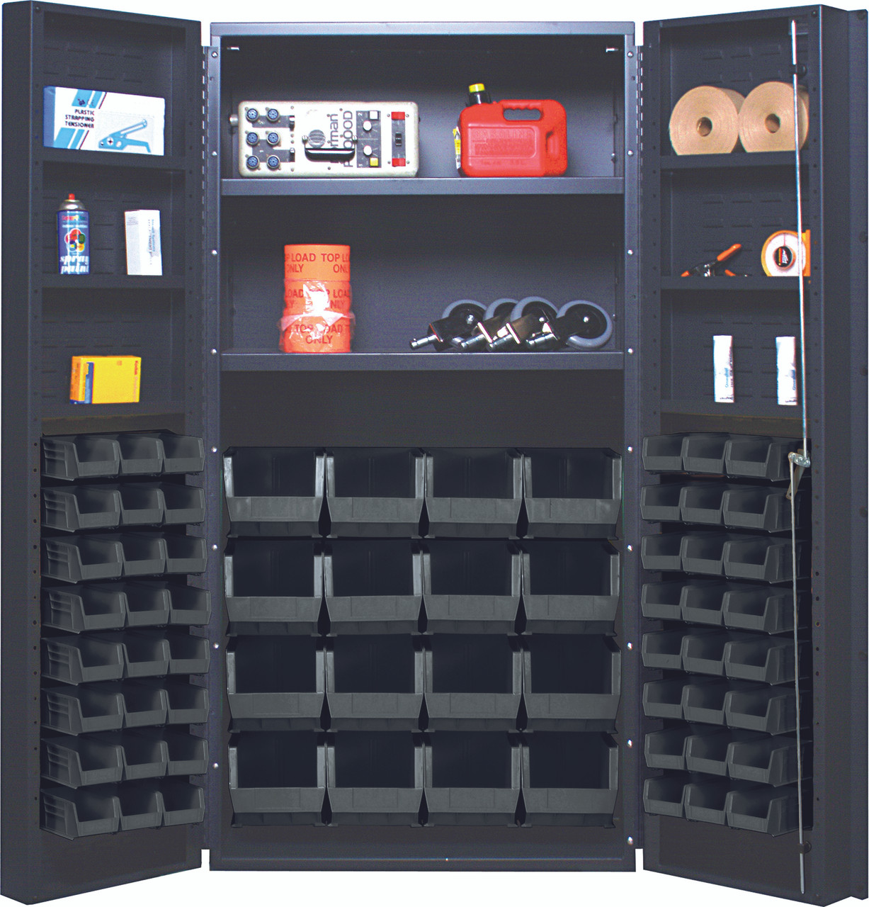 Heavy-Duty 36" Bin Cabinet, 36"W x 24"D x 72"H, 800 lb. capacity per interior shelf and 60 lb. capacity per door shelf, Gray, Black, Carbon Steel, QSC-32-2S-6DSBK