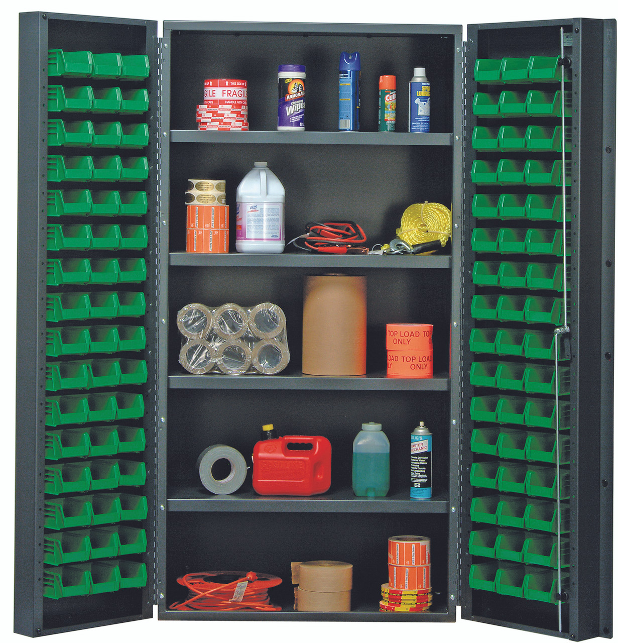 Heavy-Duty 36" Bin Cabinet, 36"W x 24"D x 72"H, 800 lb. capacity per interior shelf, Gray, Green, Carbon Steel, QSC-36-32-4ISGN