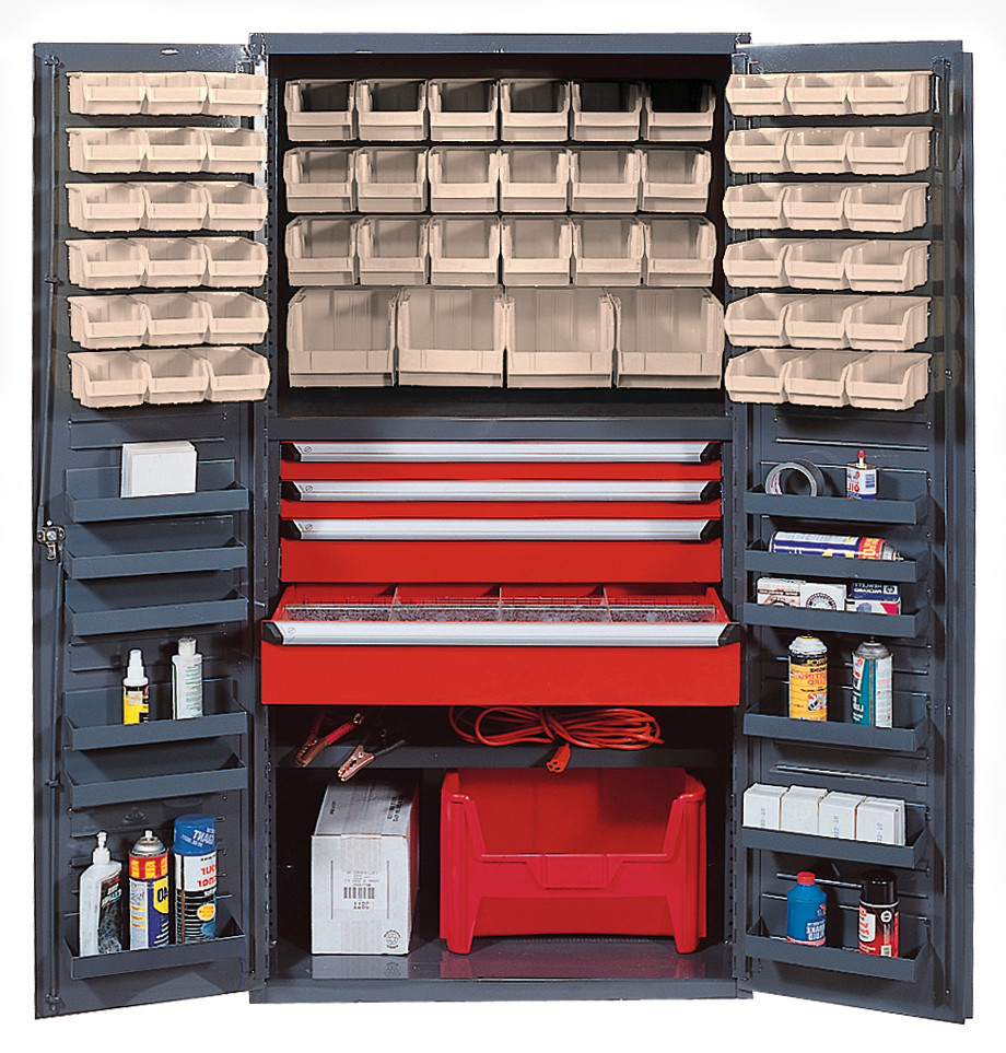 Heavy-Duty 36" Bin Cabinet, 36"W x 24"D x 72"H, 800 lb. capacity per interior shelf and 60 lb. capacity per door shelf, Gray, Clear, Carbon Steel, QSC-3672-4DCL