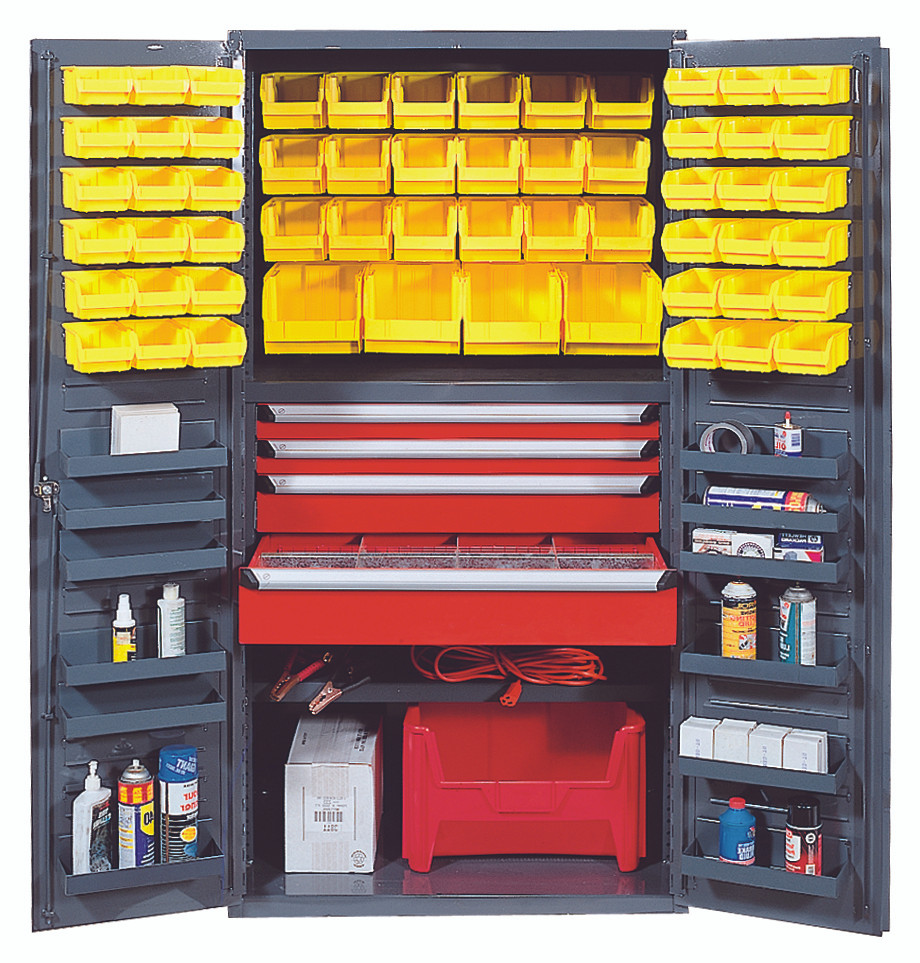 Heavy-Duty 36" Bin Cabinet, 36"W x 24"D x 72"H, 800 lb. capacity per interior shelf and 60 lb. capacity per door shelf, Gray, Yellow, Carbon Steel, QSC-3672-4DYL