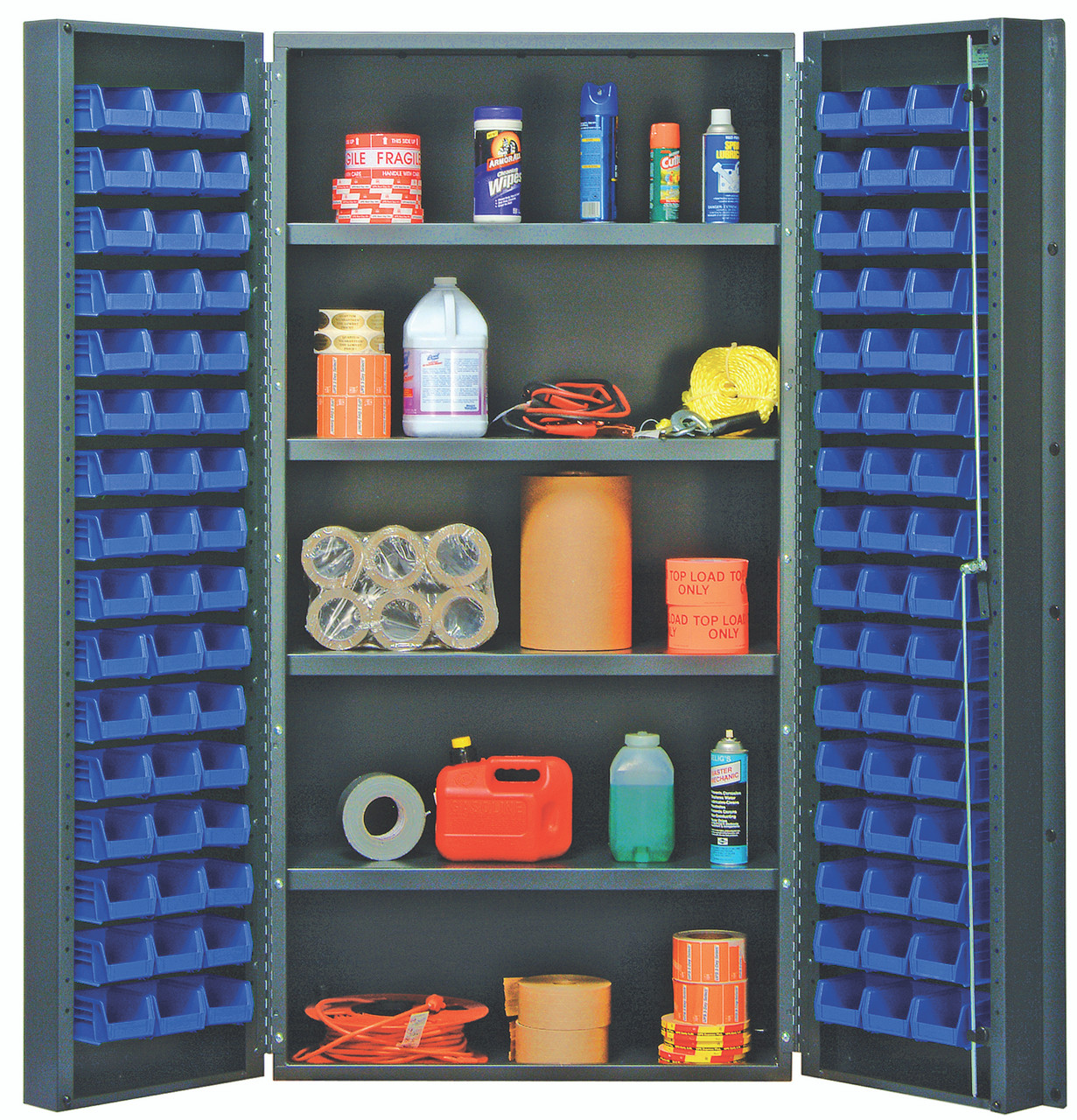 Heavy-Duty 36" Bin Cabinet, 36"W x 24"D x 72"H, 800 lb. capacity per interior shelf, Gray, Blue, Carbon Steel, QSC-36-96-4ISBL