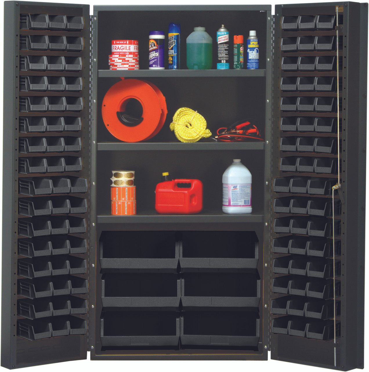 Heavy-Duty 36" Bin Cabinet, 36"W x 24"D x 72"H, 800 lb. capacity per interior shelf, Gray, Black, Carbon Steel, QSC-36SBK