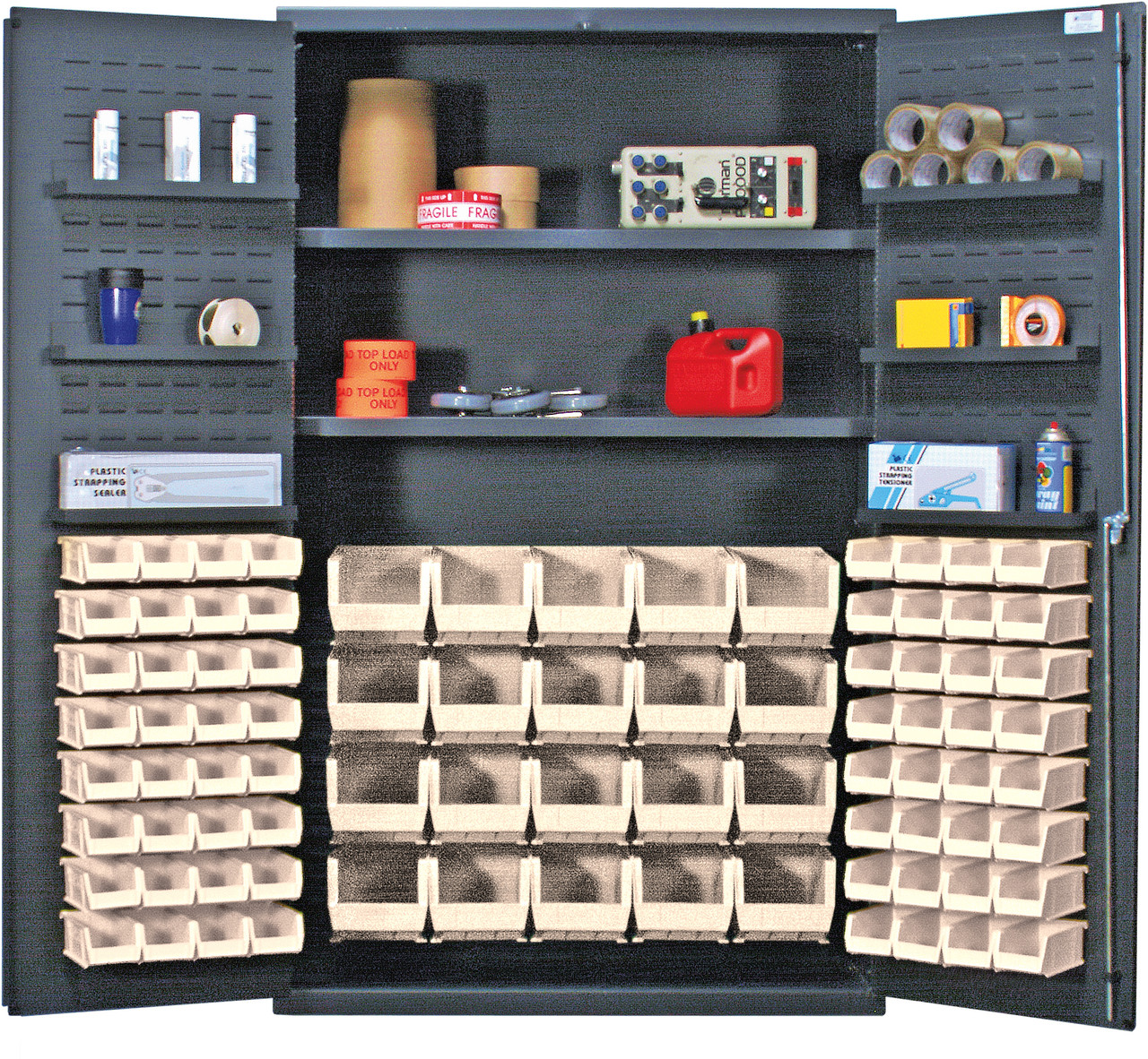 Heavy-Duty 48" Bin Cabinet, 48"W x 24"D x 78"H, 400 lb. capacity per interior and 60 lb. per door shelf, Gray, Clear, Carbon Steel, QSC-4804CL