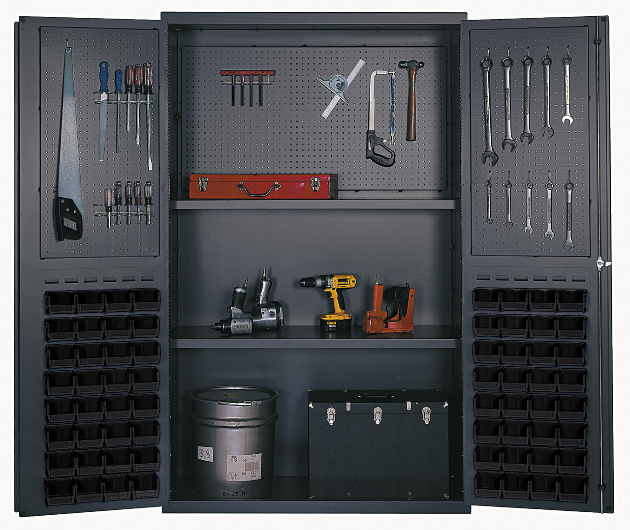 Heavy-Duty 48" Bin Cabinet, 48"W x 24"D x 78"H, 400 lb. capacity per interior shelf, Gray, Black, Carbon Steel, QSC-4805BK