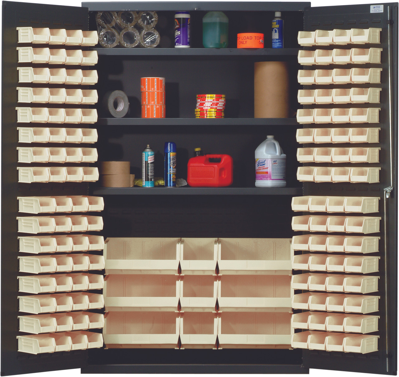 Heavy-Duty 48" Bin Cabinet, 48"W x 24"D x 78"H, 400 lb. capacity per interior shelf, Gray, Clear, Carbon Steel, QSC-48SCL