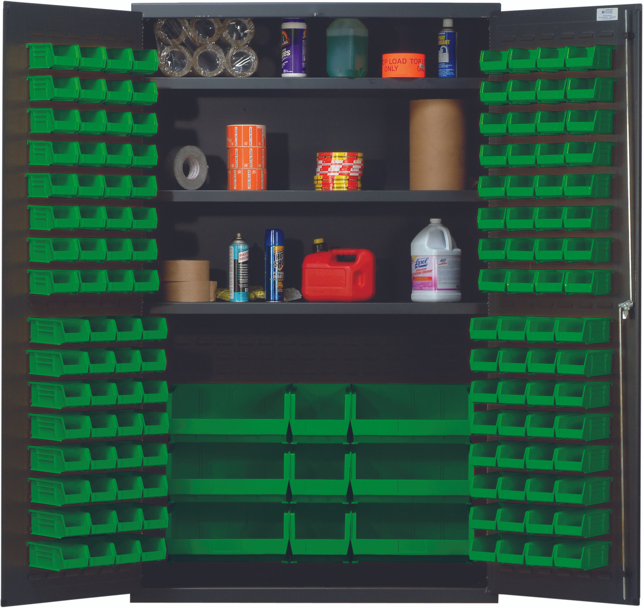 Heavy-Duty 48" Bin Cabinet, 48"W x 24"D x 78"H, 400 lb. capacity per interior shelf, Gray, Green, Carbon Steel, QSC-48SGN