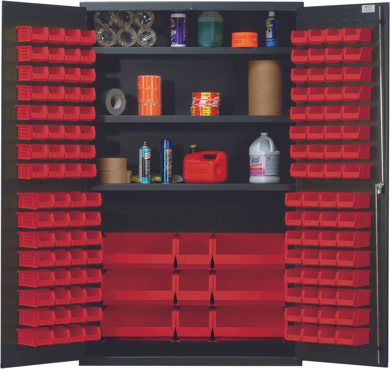 Heavy-Duty 48" Bin Cabinet, 48"W x 24"D x 78"H, 400 lb. capacity per interior shelf, Gray, Red, Carbon Steel, QSC-48SRD