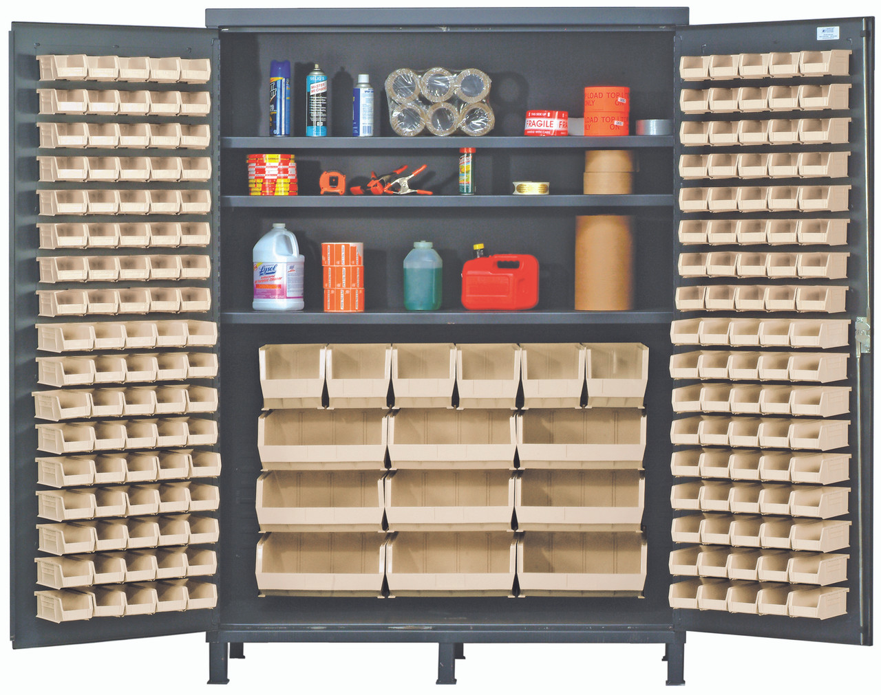 Heavy-Duty 60" Bin Cabinet, 60"W x 24"D x 84"H, 500 lb. capacity per interior shelf, Gray, Ivory, Carbon Steel, QSC-60SIV