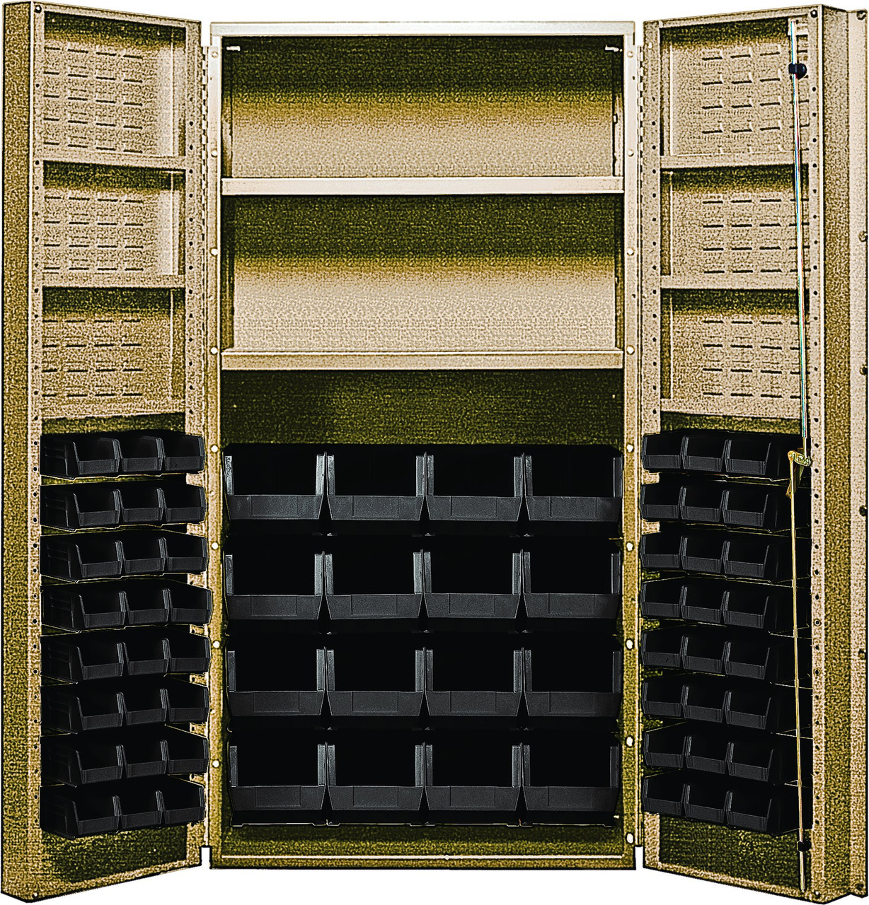 Heavy-Duty 36" Bin Cabinet, 36"W x 24"D x 72"H, 800 lb. capacity per interior shelf and 60 lb. capacity per door shelf, Beige, Black, Carbon Steel, QSC-BG-32-2S-6DSBK