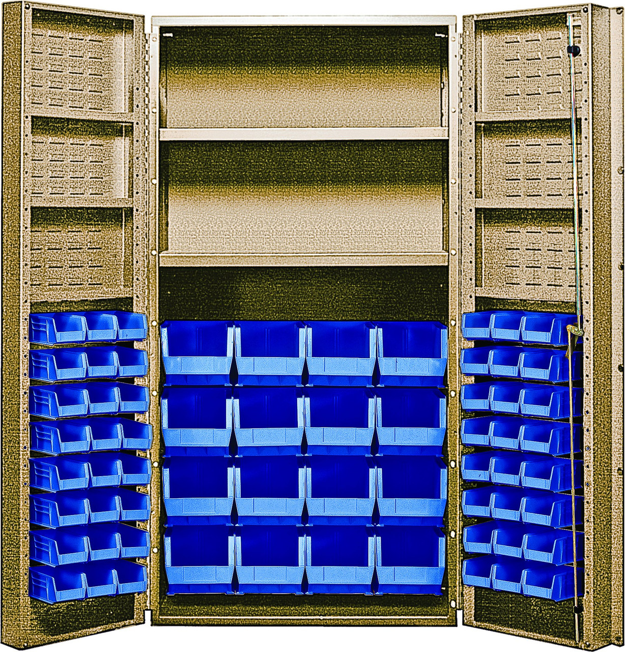 Heavy-Duty 36" Bin Cabinet, 36"W x 24"D x 72"H, 800 lb. capacity per interior shelf and 60 lb. capacity per door shelf, Beige, Blue, Carbon Steel, QSC-BG-32-2S-6DSBL