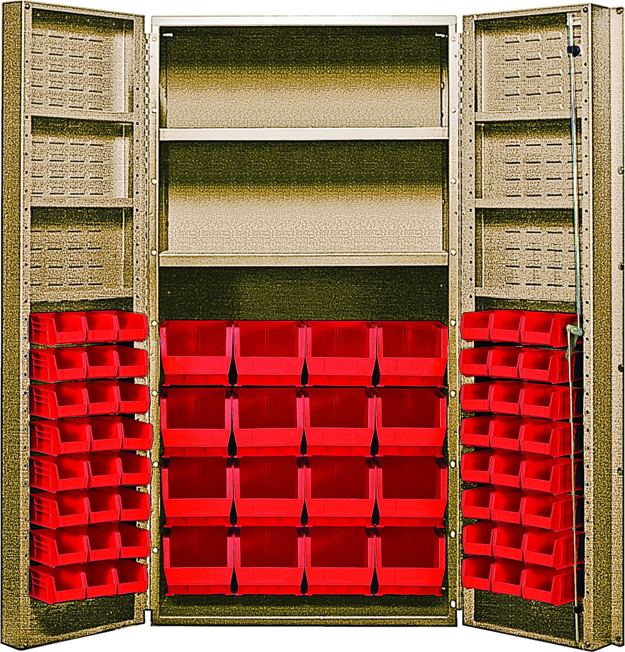 Heavy-Duty 36" Bin Cabinet, 36"W x 24"D x 72"H, 800 lb. capacity per interior shelf and 60 lb. capacity per door shelf, Beige, Red, Carbon Steel, QSC-BG-32-2S-6DSRD